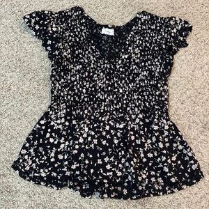 Floral Smocked Peplum Top - Black with Cream Floral
